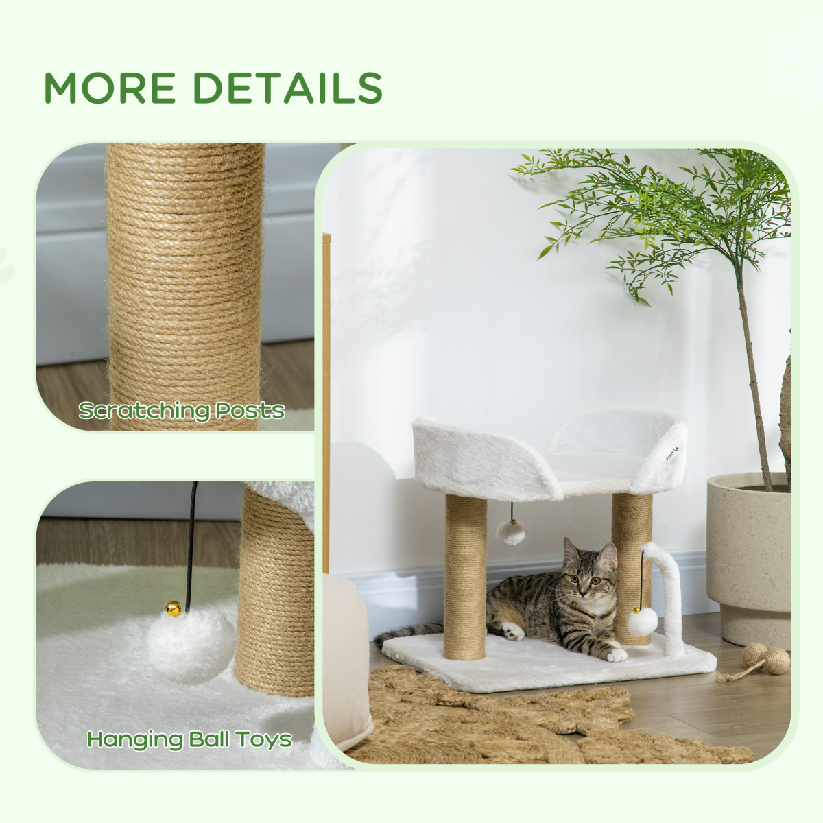 42cm Indoor Cat Tree Kitty Play Tower with Hanging Toy Balls & Jute Scratching Post – Soft Polyester Cover