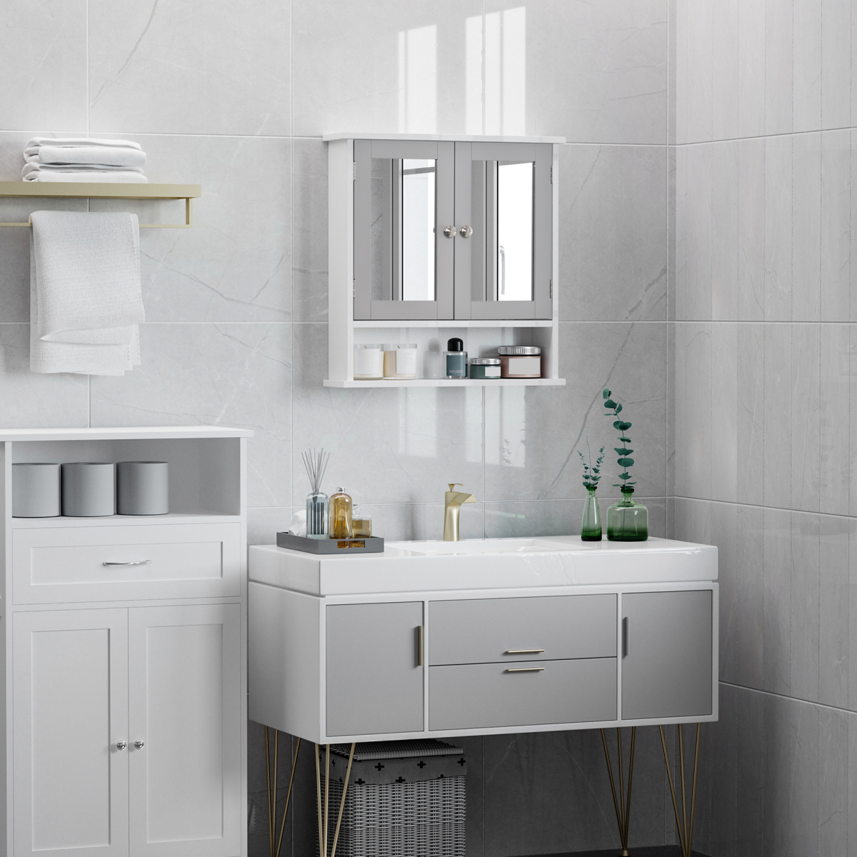 kleankin Wall-Mounted Mirror Cabinet with Double Mirrored Doors and Open Shelf – Bathroom Storage, Grey