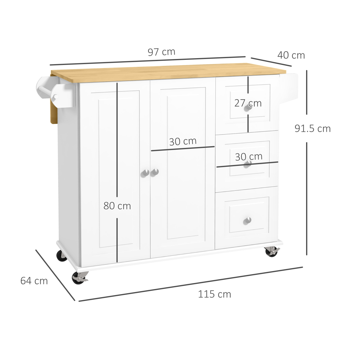 HOMCOM Kitchen Island Cart on Wheels with Drop Leaf, 3 Drawers & Cabinet – Rolling Kitchen Storage, White