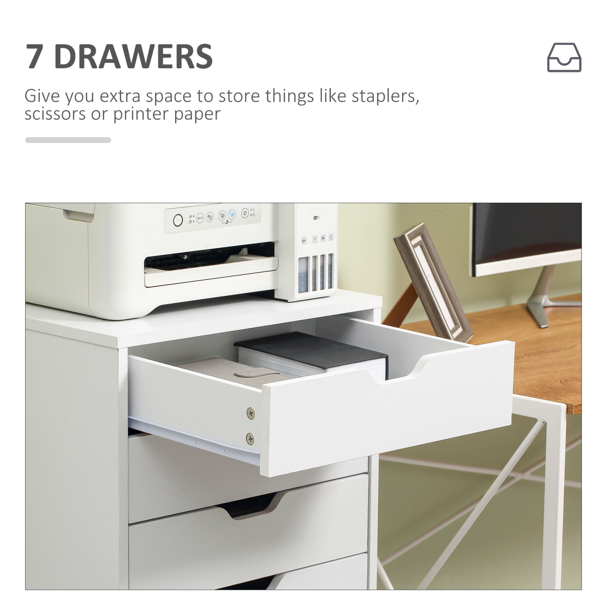 Vinsetto Mobile Filing Cabinet with 7 Drawers and Lockable Wheels – Office Storage, White