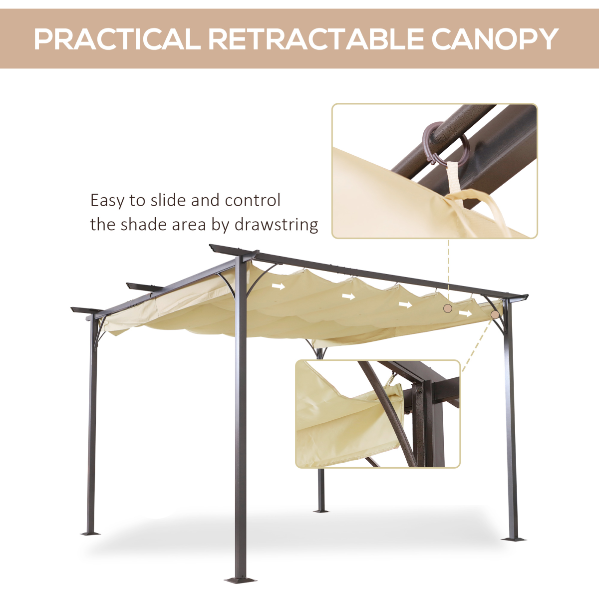 Outsunny Steel Garden Pergola with Retractable Canopy, 350cm – Patio Shade, Black/Beige