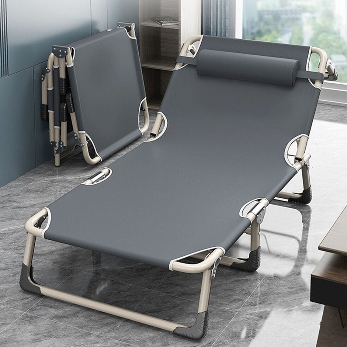 Folding Camping Bed with Cushion & Heavy Duty Steel Legs – Portable Lightweight Adult Travel Bed, Silver Grey