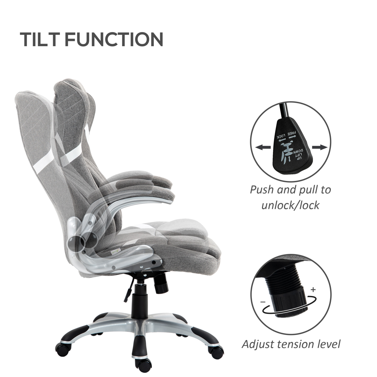 Vinsetto High Back Linen-Look Office Chair with Tilt, Lumbar Support & Flip-Up Arms – Grey
