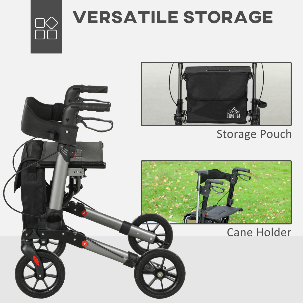 HOMCOM 4-Wheel Rollator Walker with Seat, Backrest & Storage Bag – Foldable Aluminium Mobility Aid, Silver