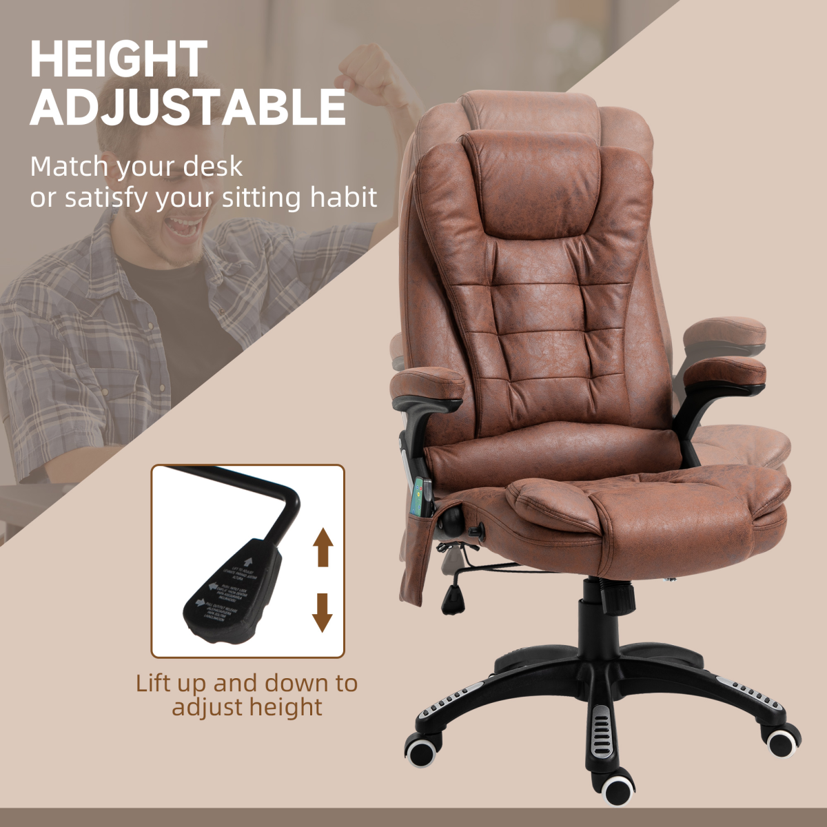 Executive Reclining Office Chair with Heated Massage, Padded Headrest & Swivel – Height Adjustable, Brown