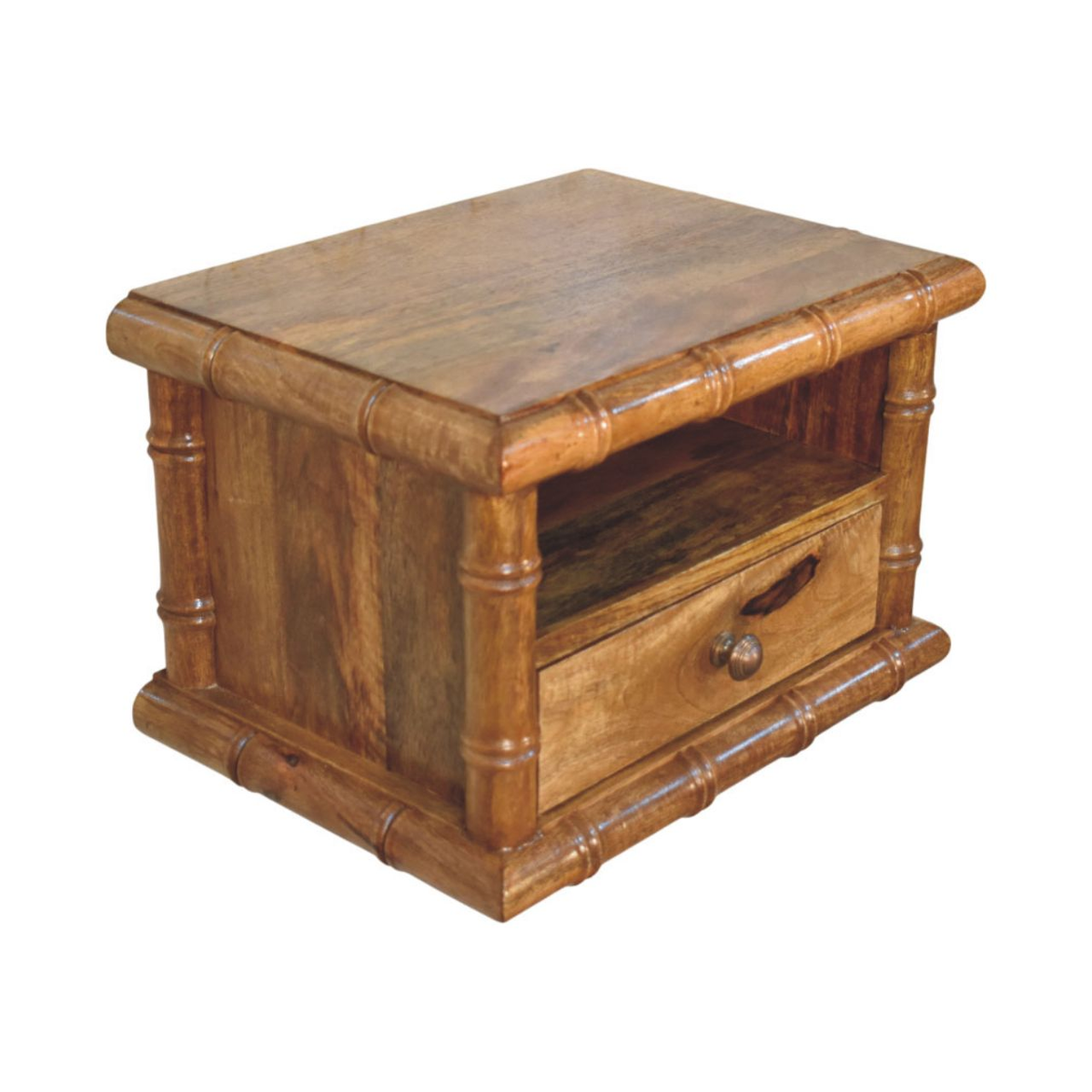 Artisan Furniture Solid Wood Bamboo Open Bedside with 1 Drawer & 1 Shelf – Amber Oak Finish, Brown