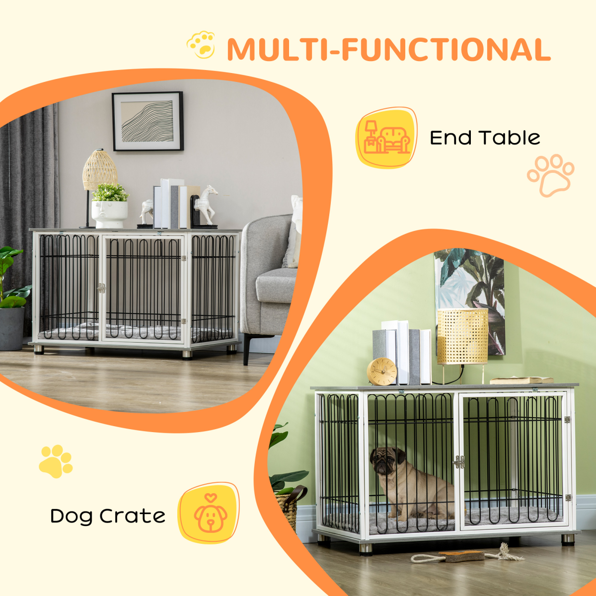 PawHut Dog Crate Furniture End Table with Washable Cushion and Lockable Door – Small to Medium Dogs