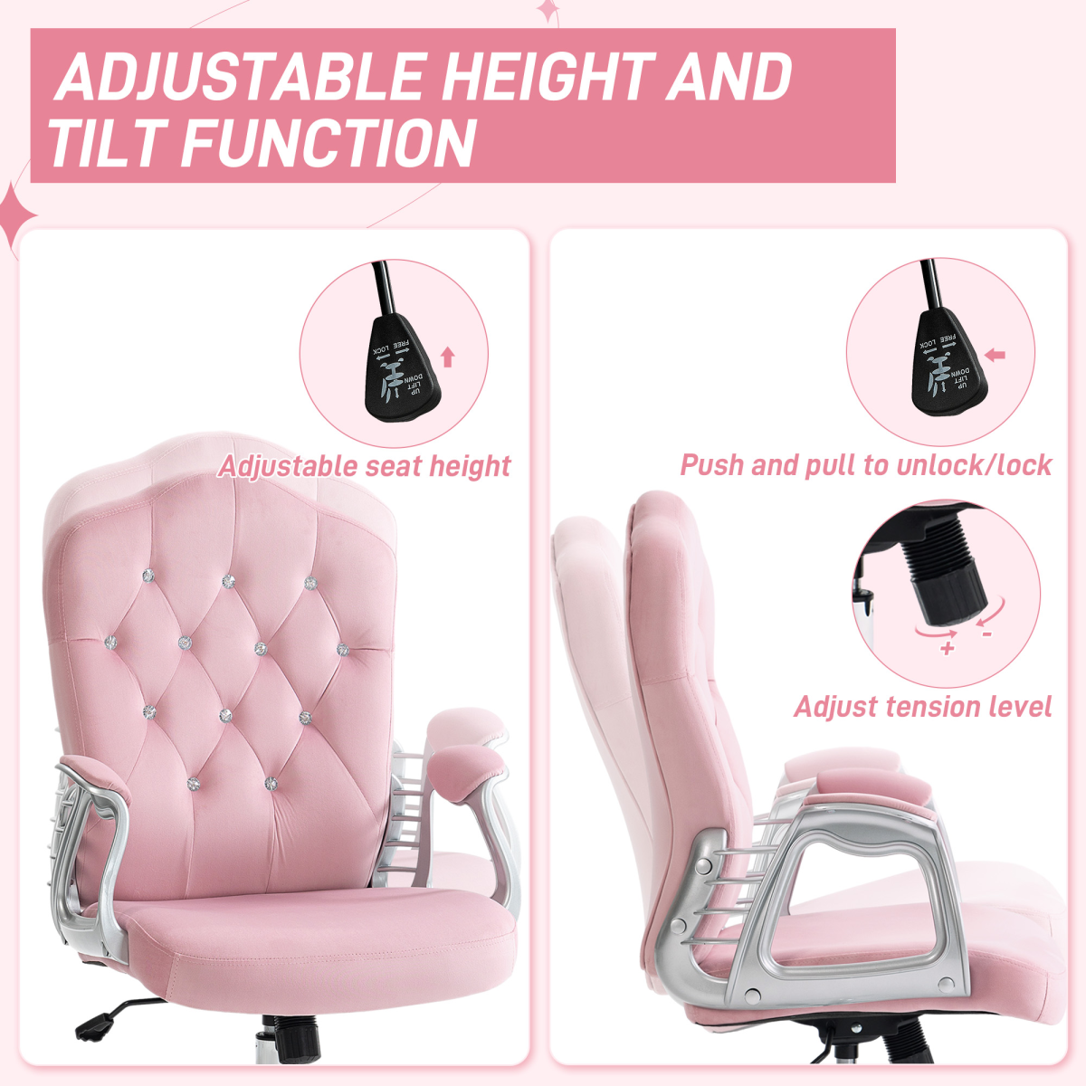 Vinsetto Velvet-Feel Office Chair with Diamanté Back & Adjustable Tilt – Pink Desk Chair