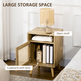 HOMCOM Rattan Bedside Table with Cabinet & Open Shelf – Boho Storage for Bedroom or Living Room