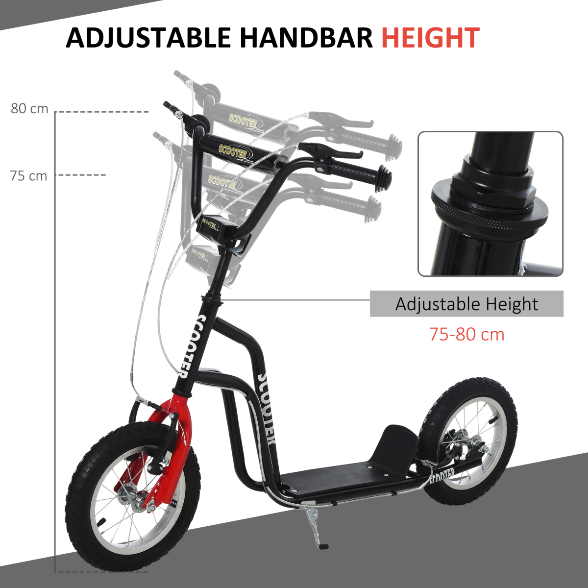 HOMCOM Kids Kick Scooter with Inflatable Wheels & Rear Brake – Adjustable 75–80cm Handlebar, Black