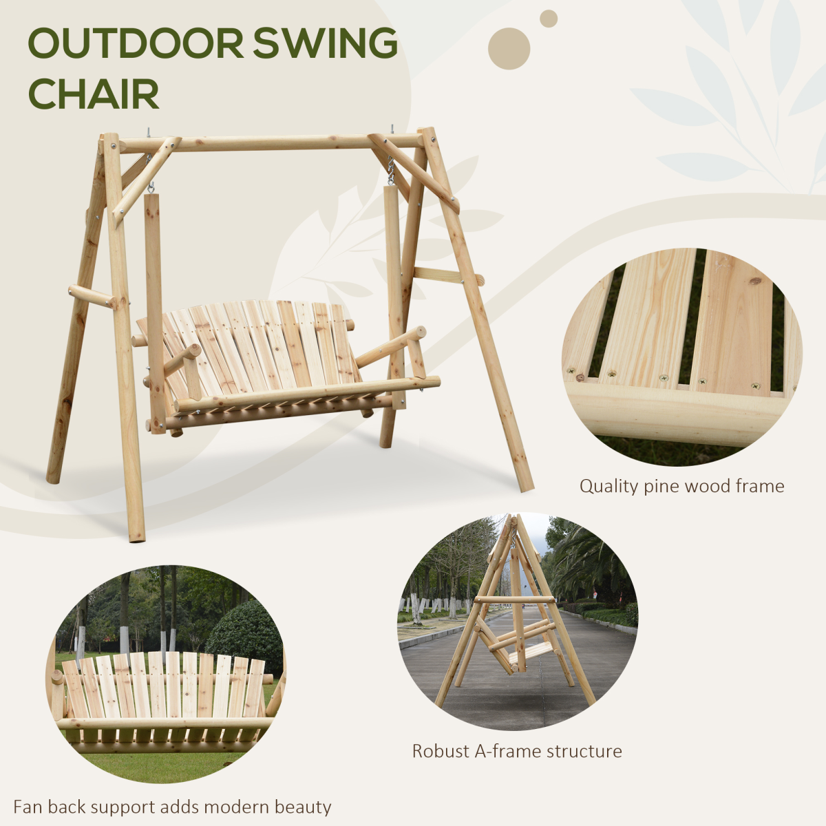 Outsunny 2-Seater Wooden Porch Swing Bench with Armrests & Curved Back – Rustic Garden Hanging Seat
