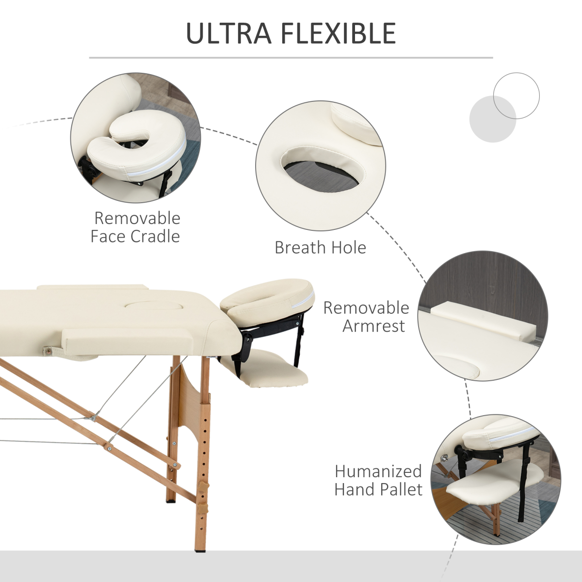 HOMCOM Portable Folding Massage Table with 2 Sections, Wooden Frame & Carry Bag – Spa Beauty Bed, Cream