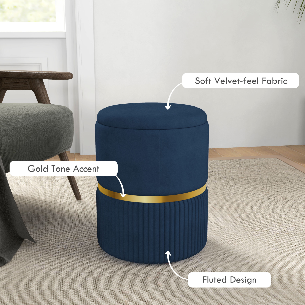 HOMCOM Round Pouffe with Fluted Design, Gold Tone Accents & Hidden Storage – Footstool, Dark Blue