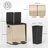 Dual Kitchen Pedal Bin with 2 x 20L Removable Buckets – Stainless Steel Recycling Bin, Gold Tone
