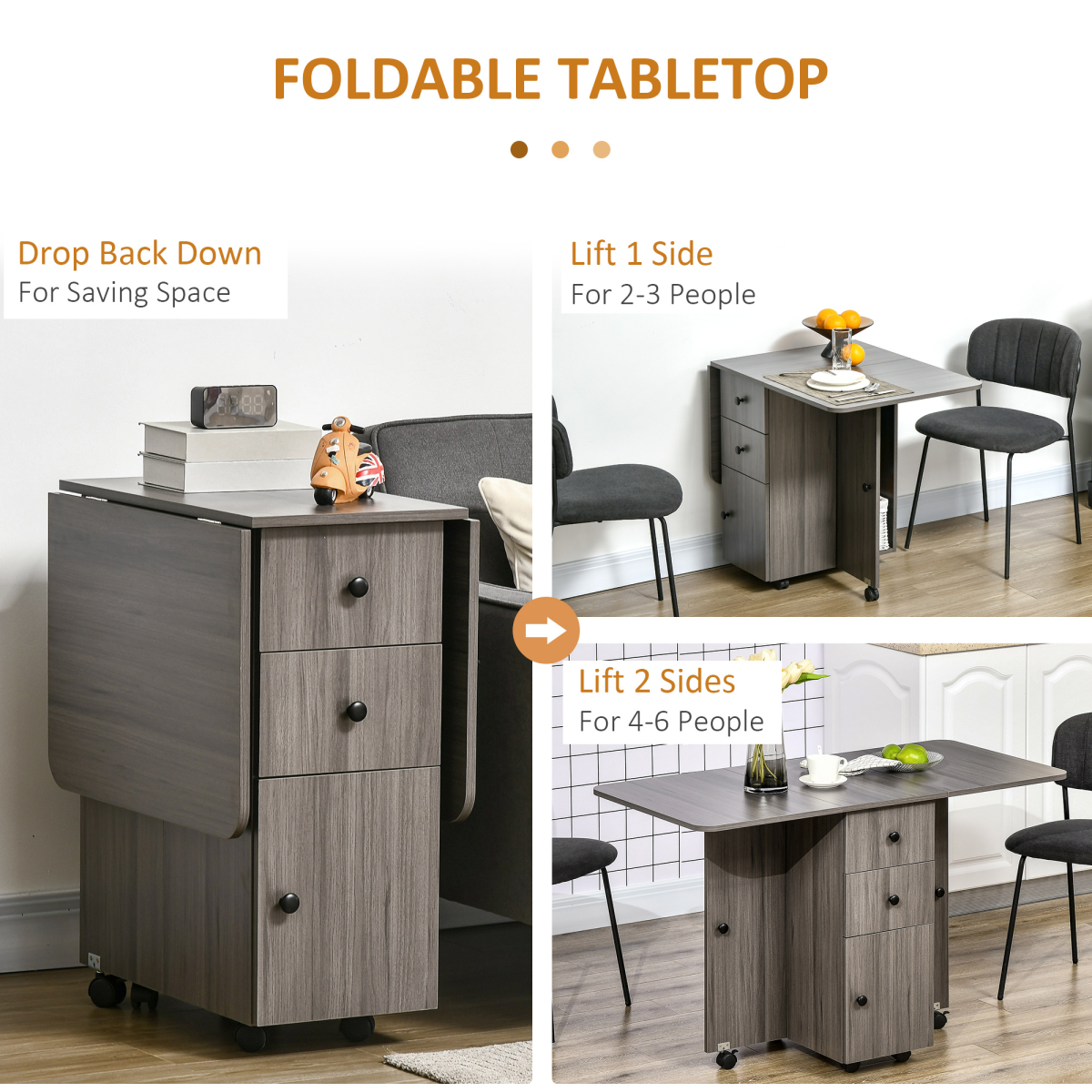 HOMCOM Drop Leaf Folding Dining Table with Storage Drawers & Cupboard – Space-Saving Kitchen Table, Grey