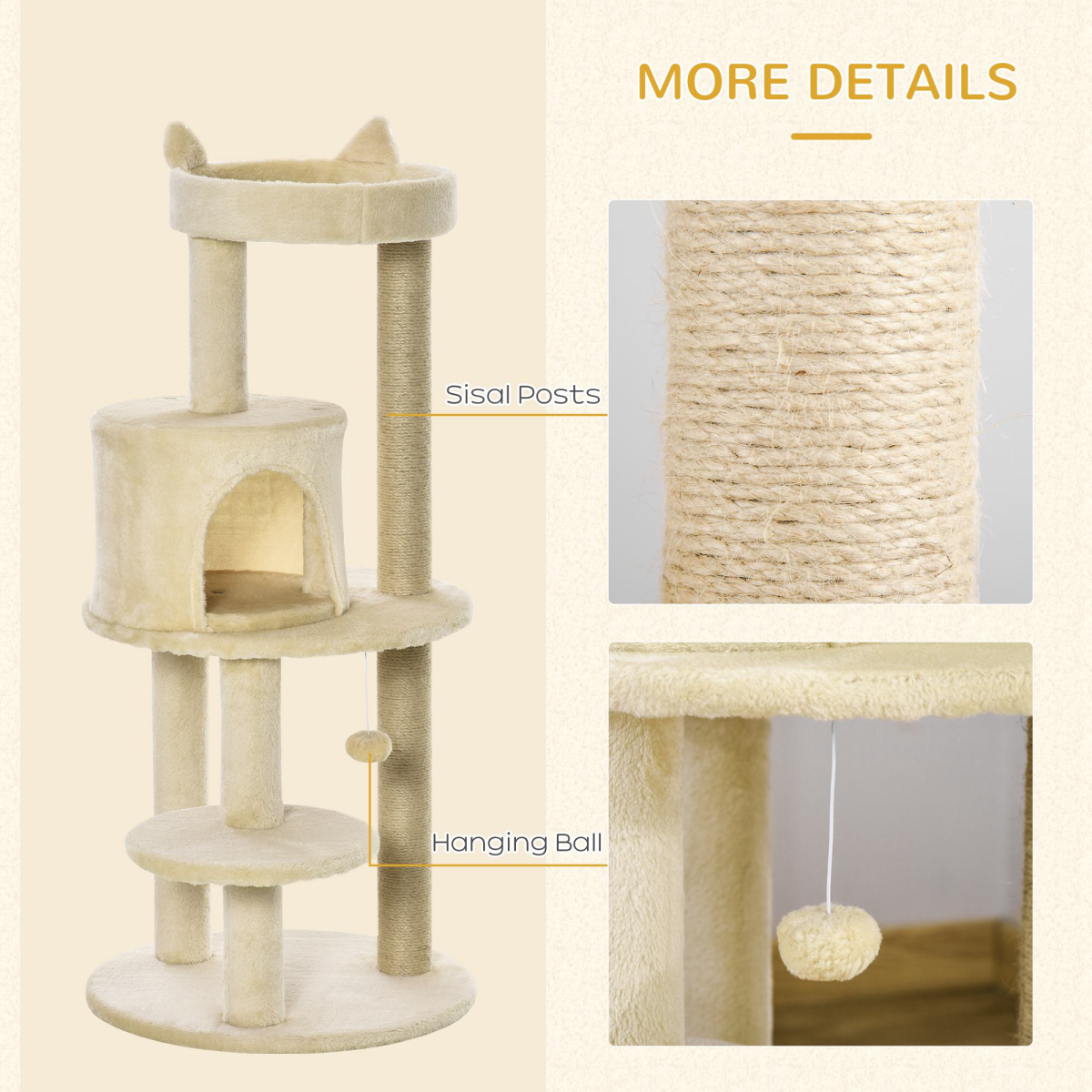 Pawhut 3-Tier Deluxe Cat Tree with Scratching Posts, Hide-Away House & Play Ball – Activity Tower, Beige