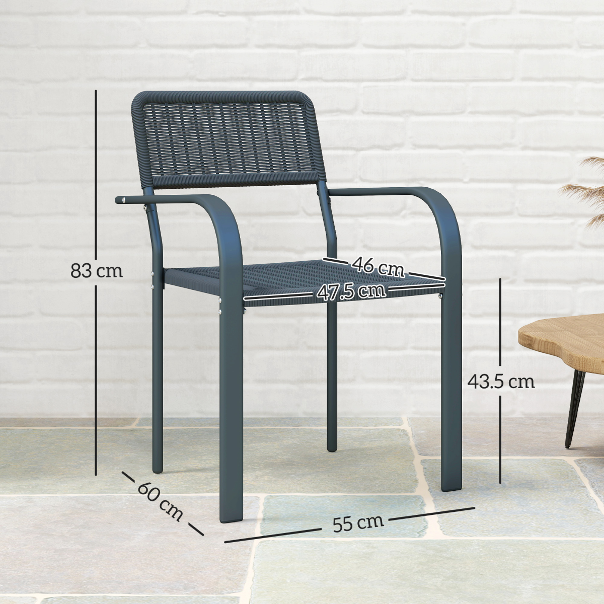Outsunny Set of 4 Stackable Garden Chairs with Rattan Effect & Steel Frame – Space-Saving Patio Seating, Dark Grey