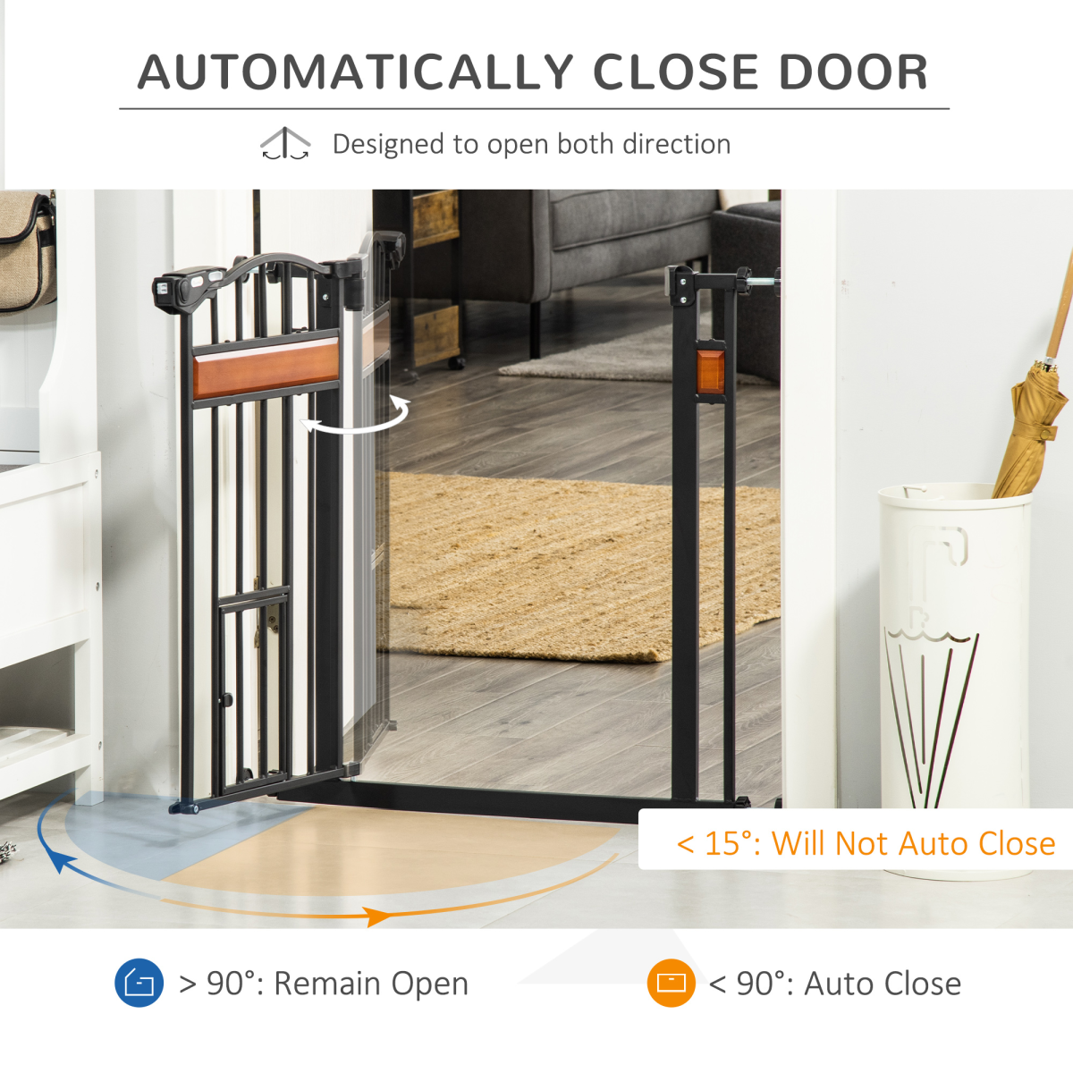 PawHut Auto-Close Dog Gate with Cat Door, 74–80cm Wide – Steel Pet Safety Gate for Stairs, Pine Decor