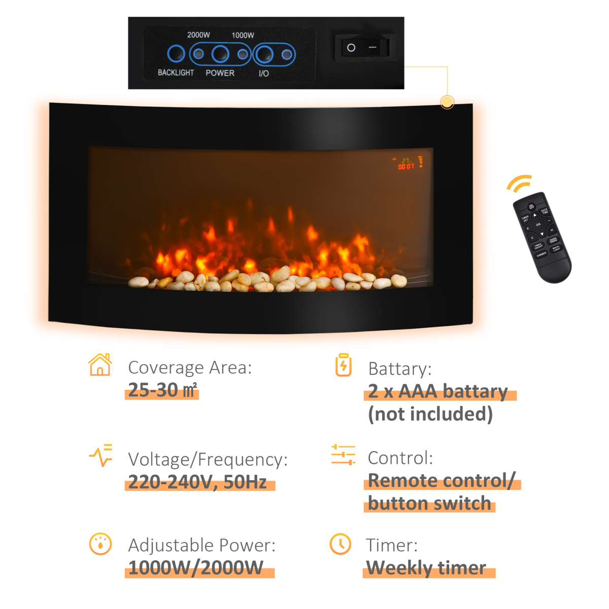 HOMCOM Wall Mounted Curved LED Electric Fireplace Heater with 7 Flame Colours & Side Lights