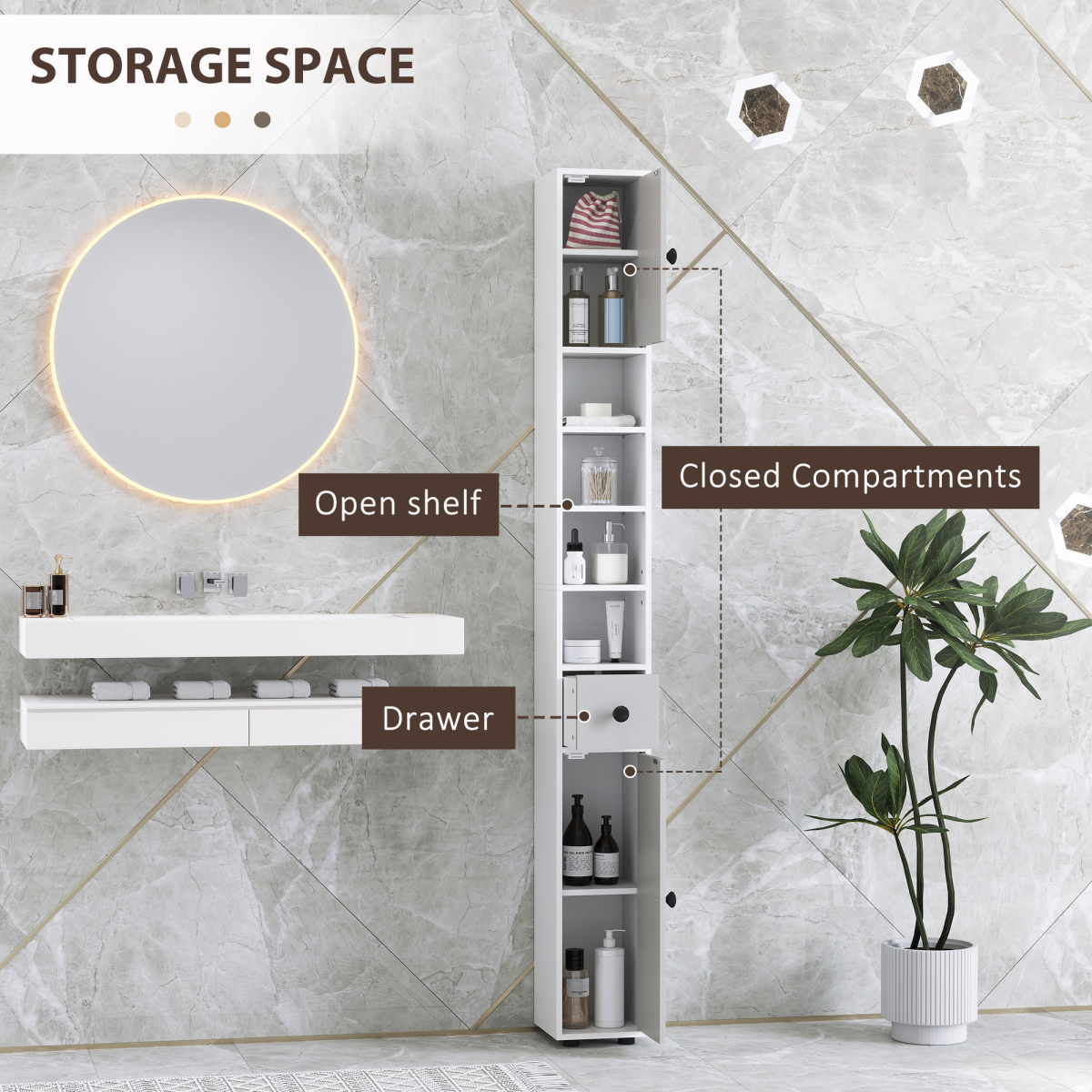 Tall Slim Bathroom Cabinet with 2 Cupboards, Drawer & 4 Open Shelves – Narrow Storage Unit, Light Grey