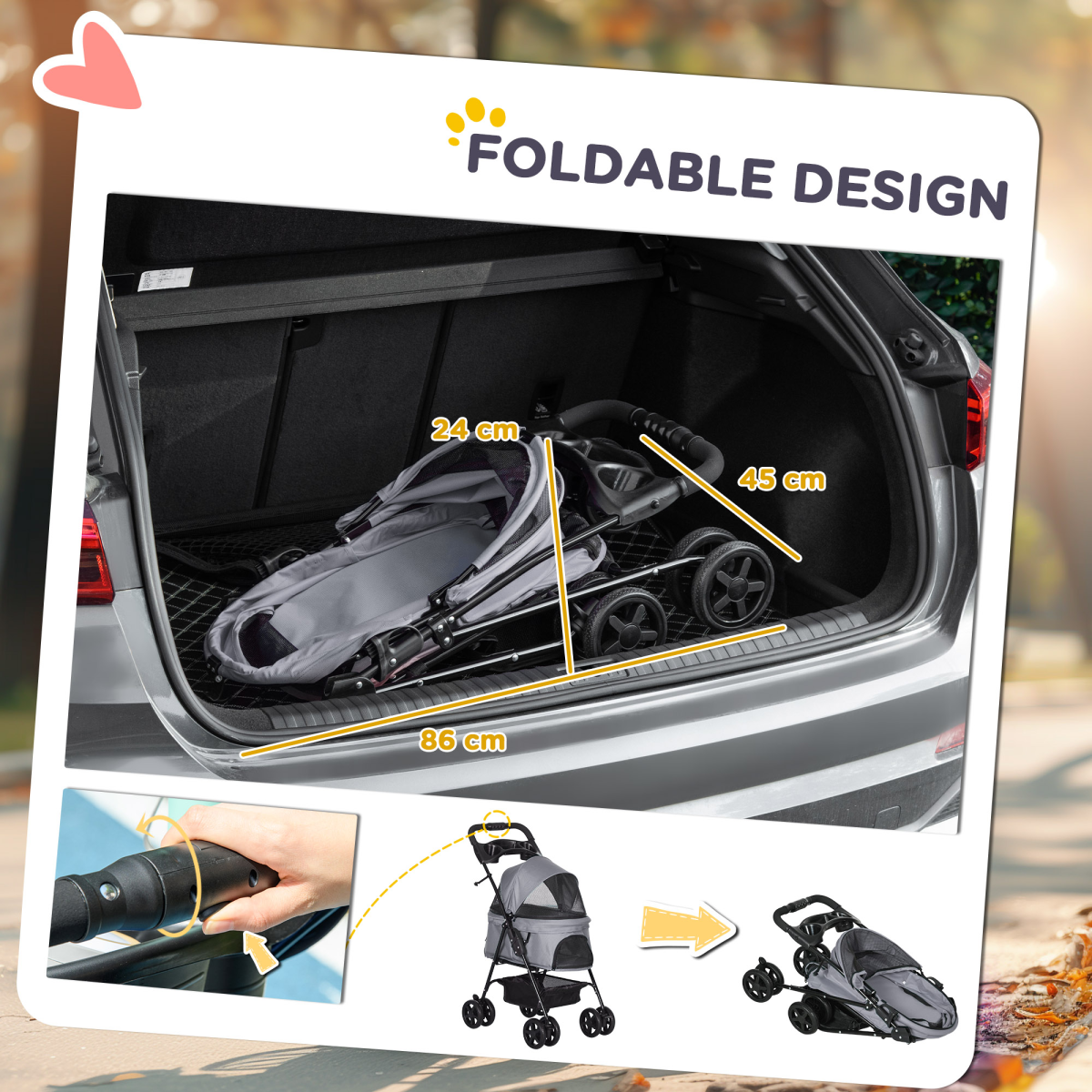 Foldable Pet Stroller with Brakes, Adjustable Canopy & Safety Leashes – Travel Carriage for Mini Dogs