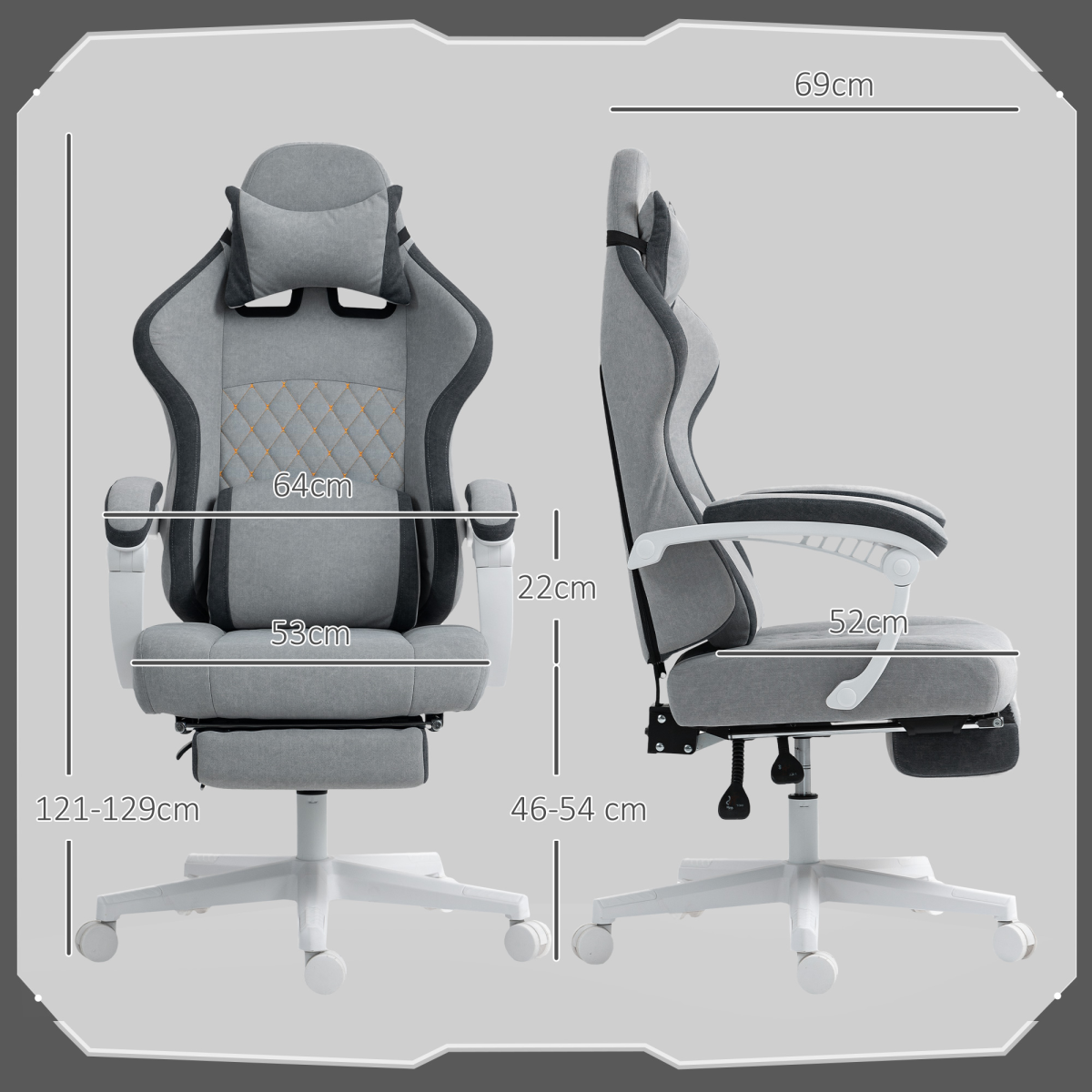 HOMCOM Printed Velvet Computer Recliner Chair with Adjustable Height, Lumbar Support & Footrest – 135° Reclining, Grey