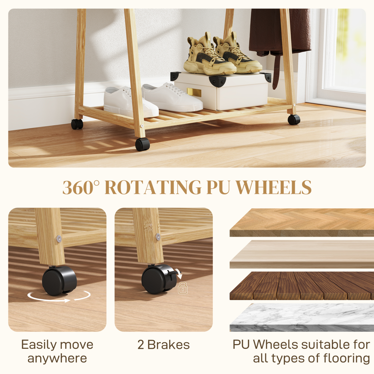 HOMCOM Bamboo Clothes Rail Rack with 2 Storage Shelves and Wheels – Compact Wardrobe, Natural Wood Effect