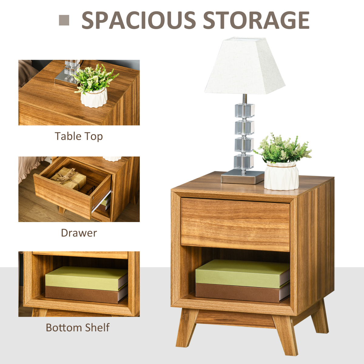 HOMCOM Bedside Table with Drawer & Bottom Shelf – Wood-Effect MDF Storage Organiser for Bedroom