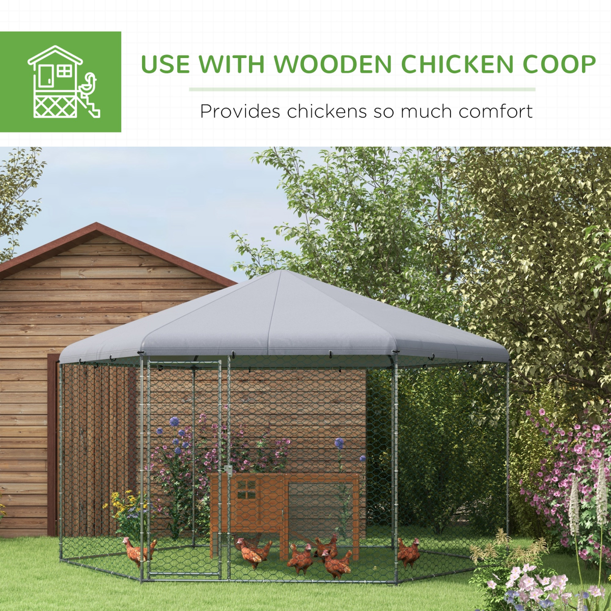 PawHut Walk-In Chicken Run with Cover – Galvanised Steel Coop for 10-15 Chickens, Ducks and Rabbits