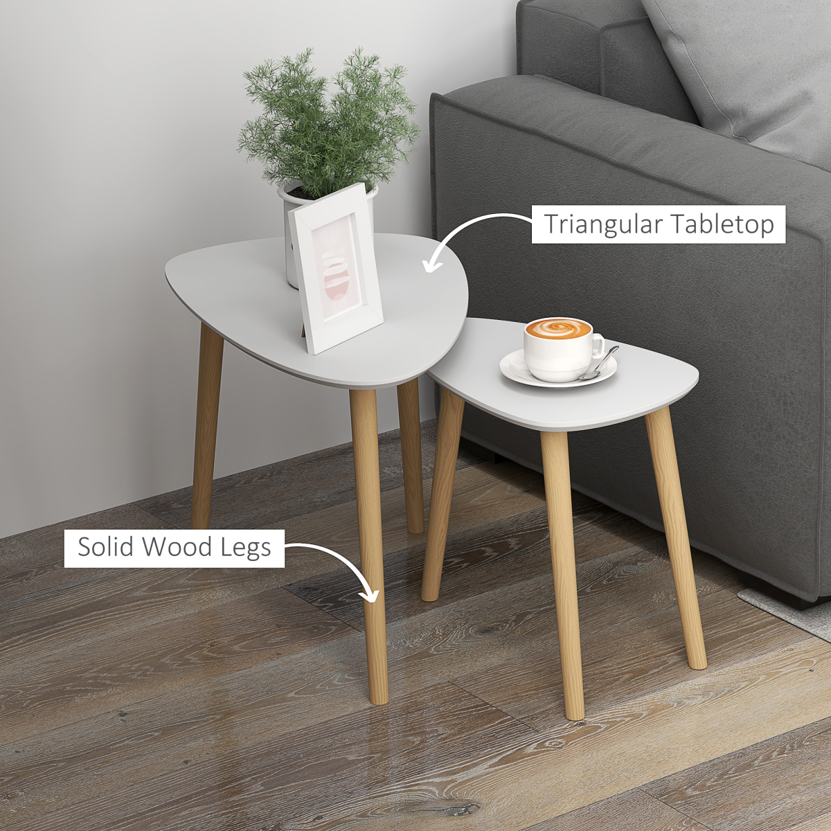 HOMCOM Side Table Set of 2 – Modern Nesting End Tables with Solid Wood Legs, Light Grey and Natural