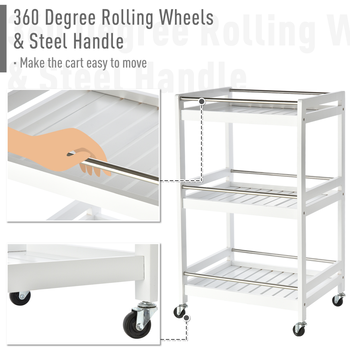 HOMCOM Pine Wood 3-Tier Kitchen Trolley with Four Wheels & Steel Handle – Storage Serving Cart, White