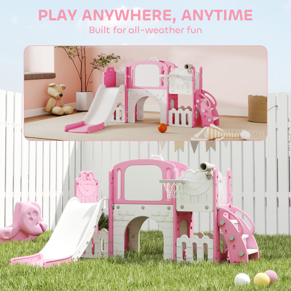 7-in-1 Kids Slide Set with Swing, Basketball Hoop, Telescope & Drawing Board – Indoor Play, Ages 1-3, Pink