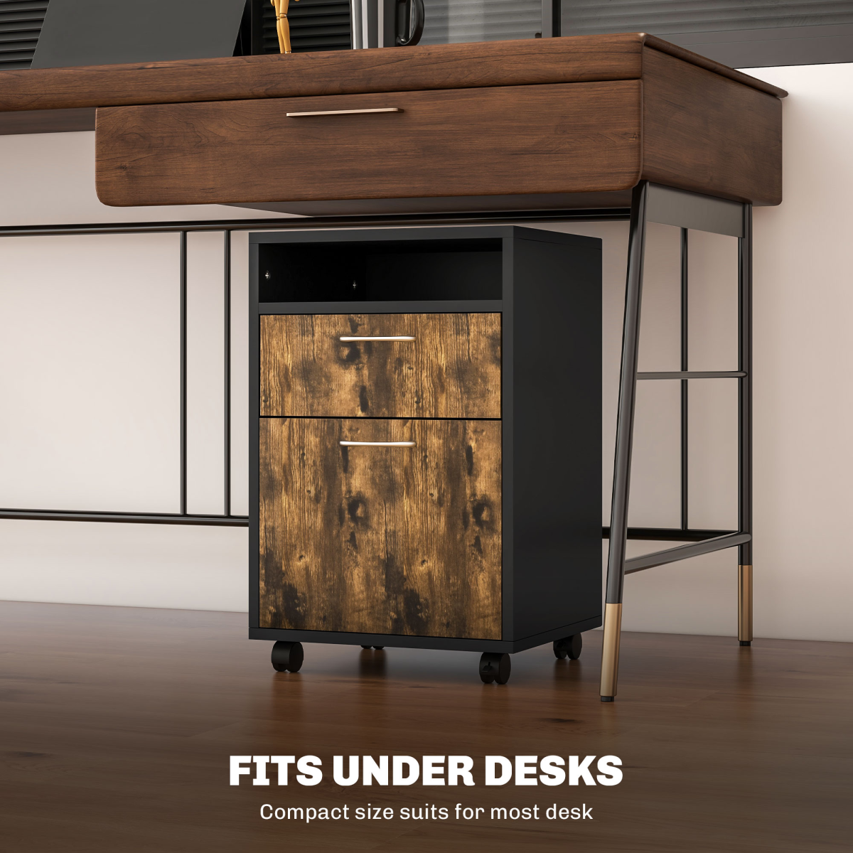 HOMCOM 60cm Mobile Storage Cabinet with Drawers, Open Shelf and Lockable Wheels – Home Office, Rustic Brown