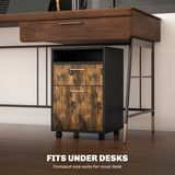 HOMCOM 60cm Mobile Storage Cabinet with Drawers, Open Shelf and Lockable Wheels – Home Office, Rustic Brown
