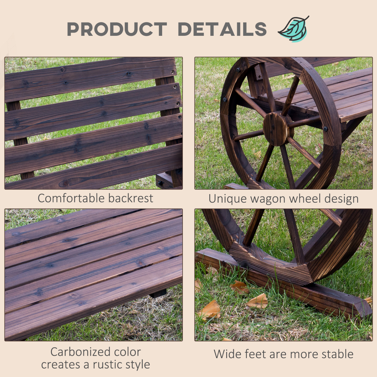 Outsunny Wagon Wheel Wooden Garden Bench with High Back & Armrests – 2-Seater Outdoor Loveseat, Brown