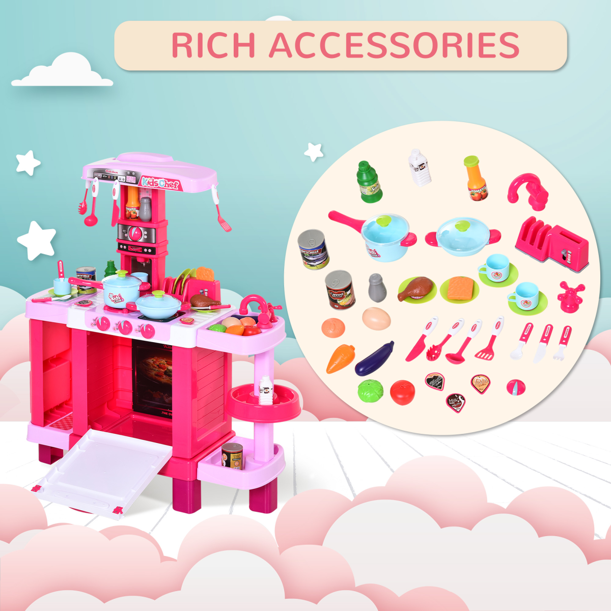 HOMCOM 38-Piece Kids Kitchen Play Set with Oven, Sounds and Lights – Role Play Toy, Pink
