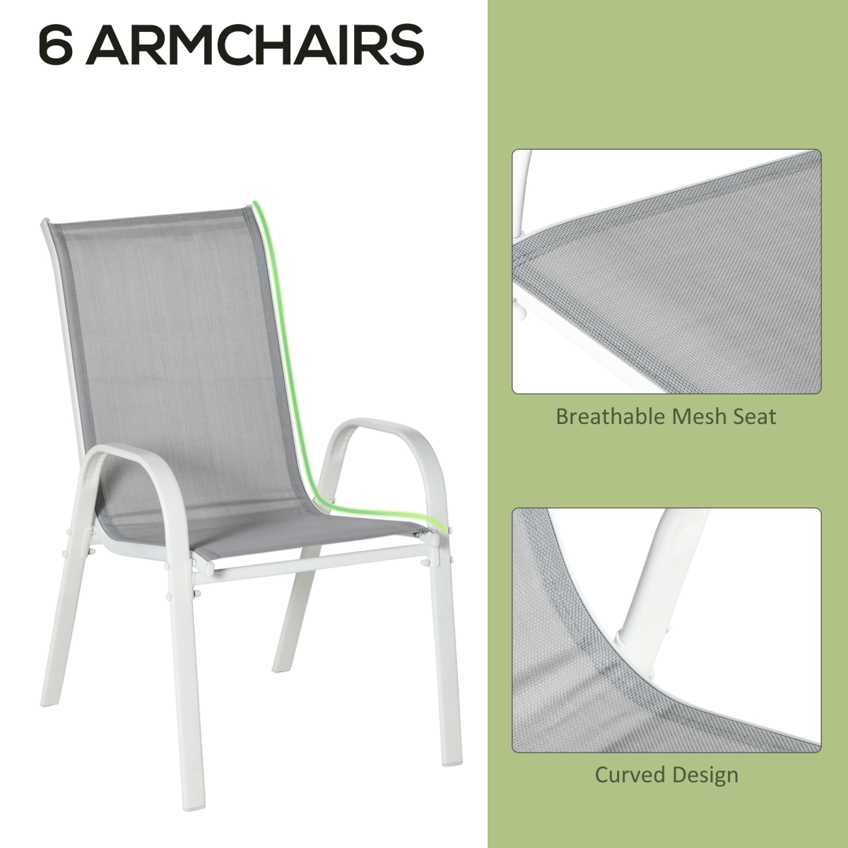 Outsunny 7-Piece 6-Seater Garden Dining Set with Mesh Armchairs & Tempered Glass Table – Grey