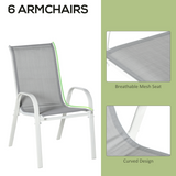 Outsunny 7-Piece 6-Seater Garden Dining Set with Mesh Armchairs & Tempered Glass Table – Grey