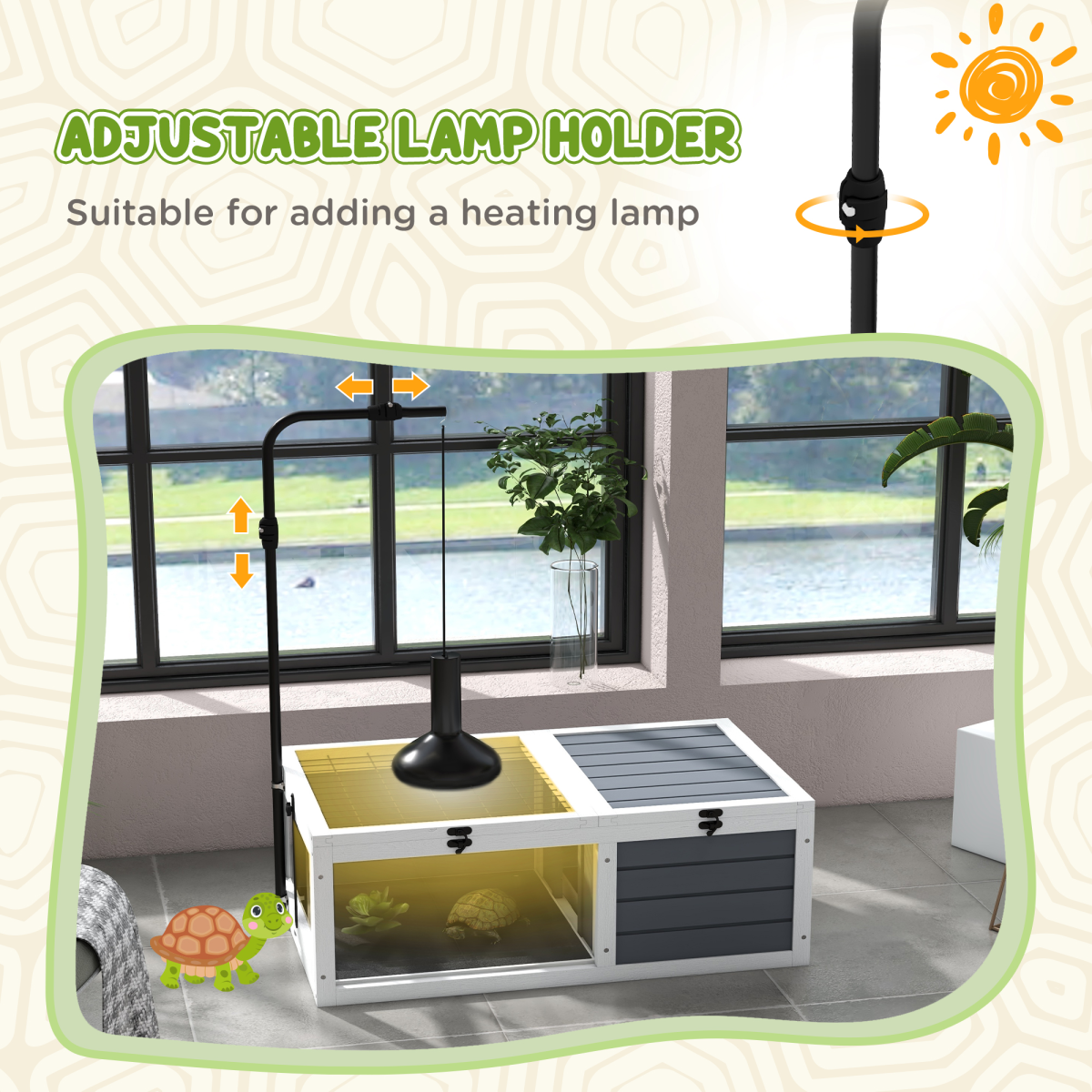 PawHut Wooden Tortoise House with Hide Box, Basking Area & Adjustable Lamp Holder – Tortoise Table, Grey