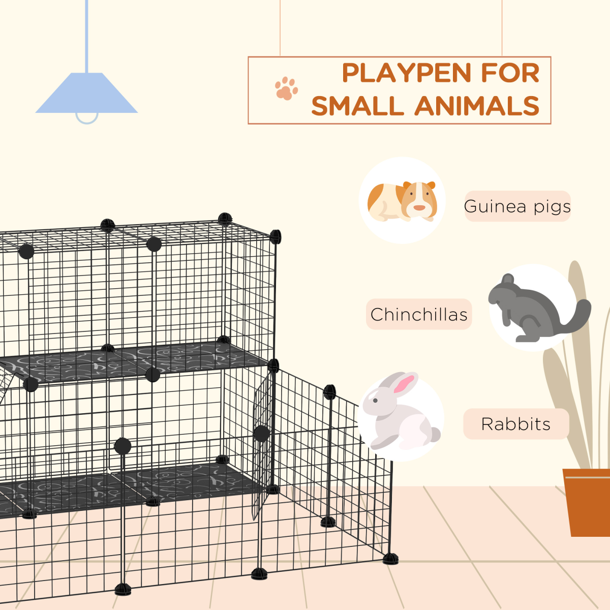 Pawhut DIY Small Animal Playpen with 24 Wire Panels & Ladder – Rabbit, Guinea Pig & Chinchilla Cage, Black