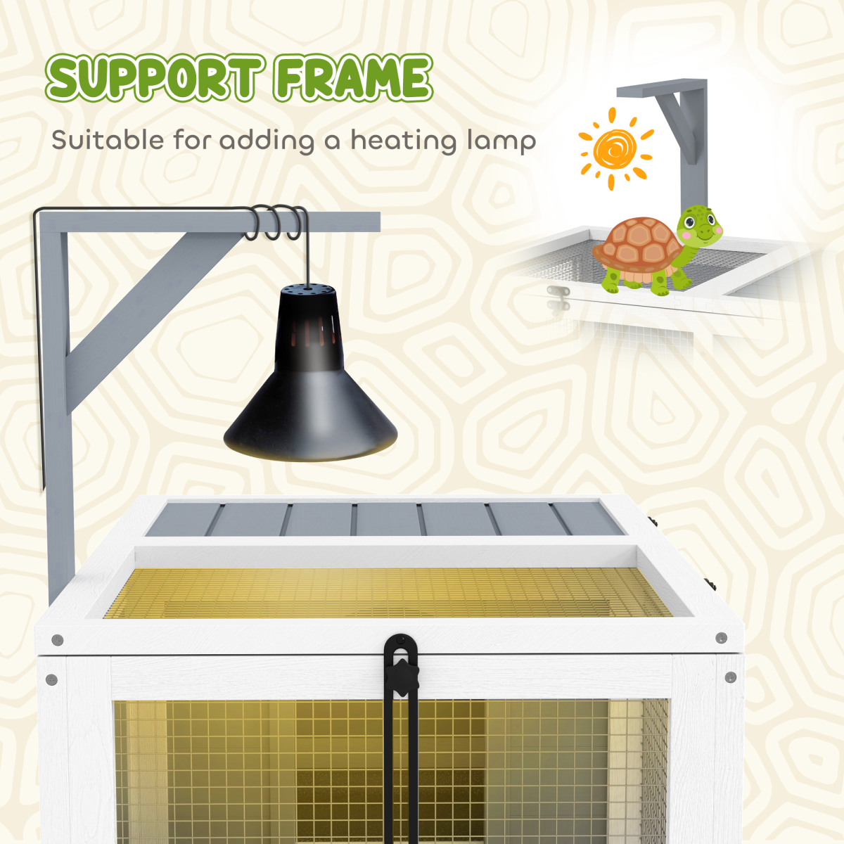 PawHut Tortoise Enclosure with Run, Lamp Holder, Pull-Out Trays & Hideaway – Wooden House, White and Light Grey