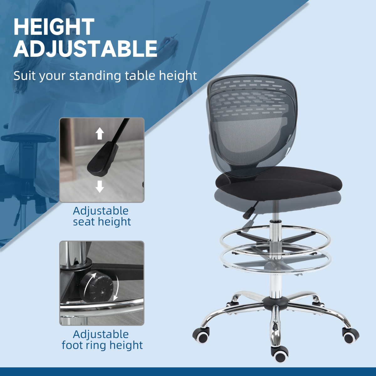 Vinsetto Tall Draughtsman Chair with Lumbar Support & Foot Ring – Grey Mesh