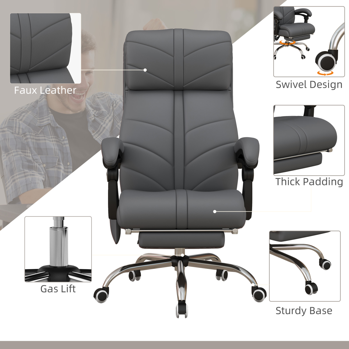 Vinsetto Heated Massage Office Chair with 4-Point Vibration, Footrest & Remote – Grey PU Leather