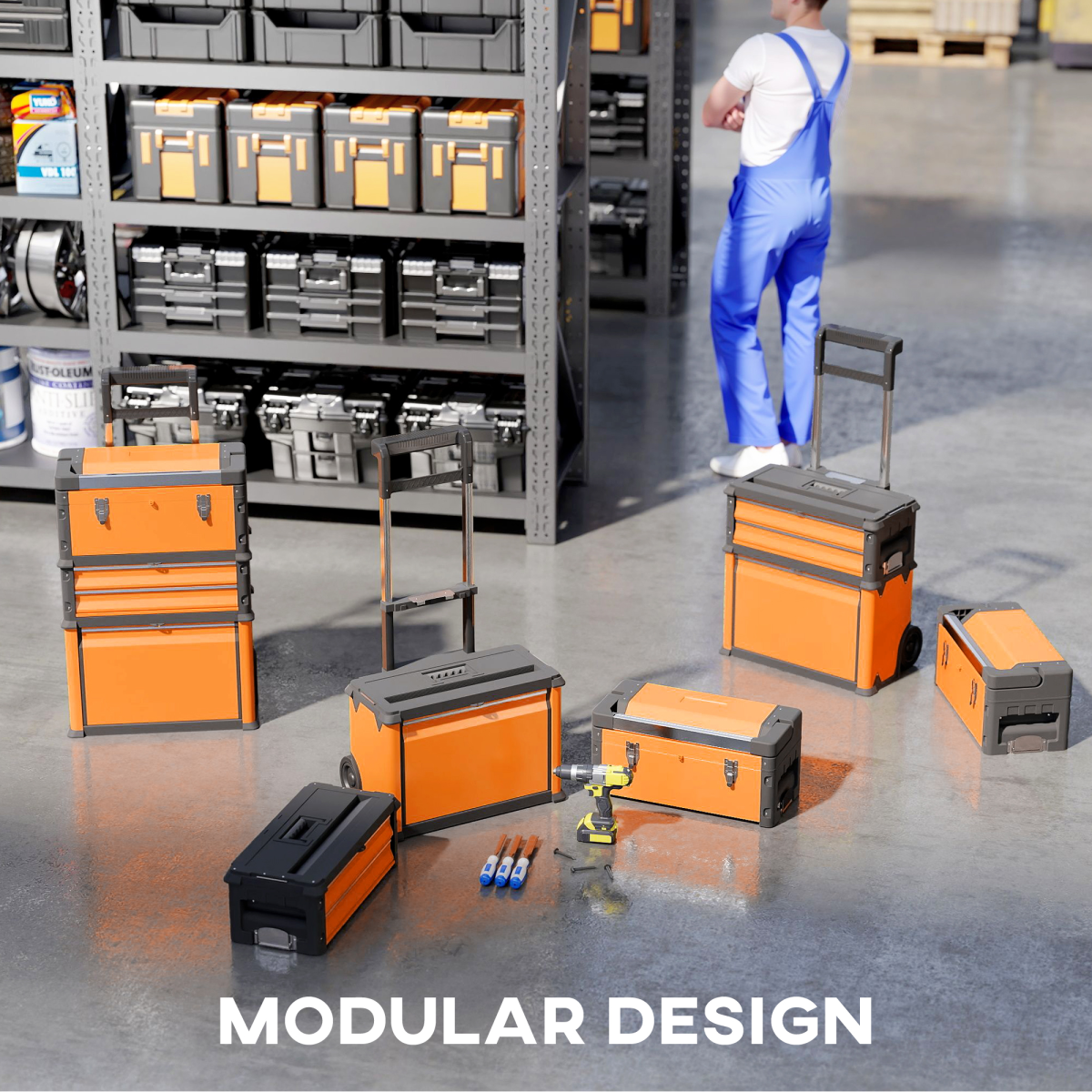 3-Tier Stackable Rolling Tool Box with Drawers, Tray & Telescopic Handle – Steel Tool Storage, Orange and Black