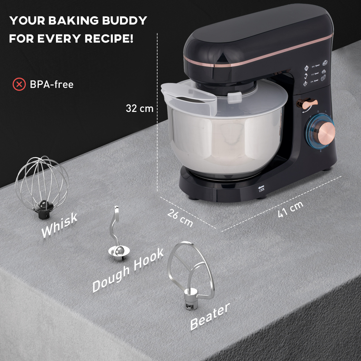 HOMCOM 1400W Stand Mixer with 5L Stainless Steel Bowl, 6 Speeds & Pulse – Tilt-Head Kitchen Mixer, Black