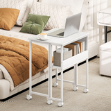 Folding Drop Leaf Writing Desk with Lower Shelf & Storage Bag – Mobile Desk on Wheels, Natural Wood Finish & White