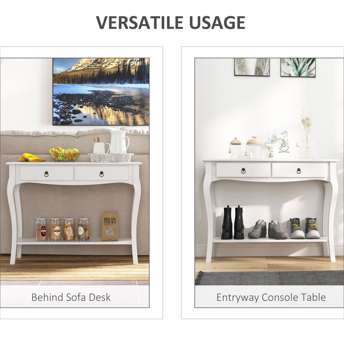 HOMCOM Console Table with 2 Drawers & Lower Shelf, Curved Design – Hallway Furniture, Ivory White