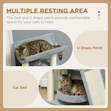 Cat Tree Tower for Indoor Cats with Scratching Posts, Padded Bed and Toy Ball – Light Grey