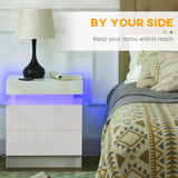 HOMCOM White High Gloss Bedside Table with LED Light Strip and 2 Drawers – Bedroom Nightstand with Storage