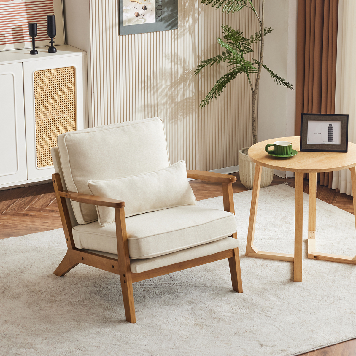 Upholstered Single Lounge Chair with Solid Wood Armrests – Mid-Century Modern Accent Armchair, Off-White